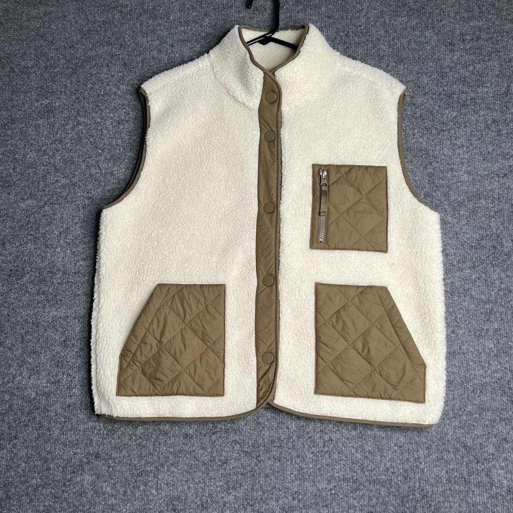 Rails Pryanka Ivory Sherpa Vest Quilted Pocket Cream Olive Green Medium 761-401A